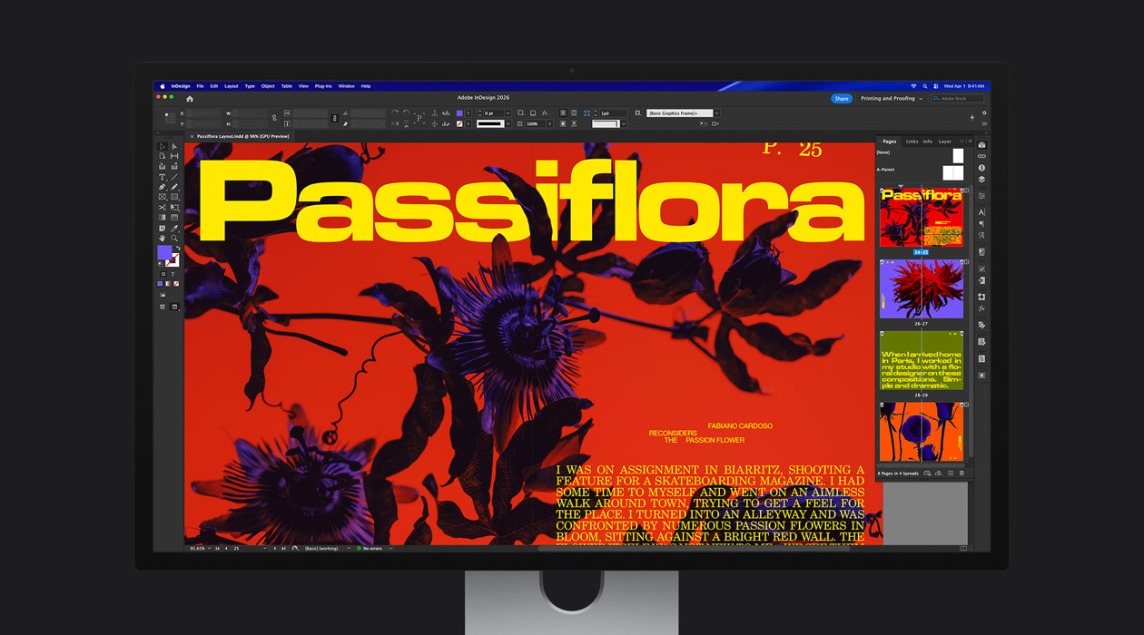 Eine bunte Magazinseite in einer Adobe InDesign 2026 Datei zeigt den P3 + Adobe RGB Farbraum