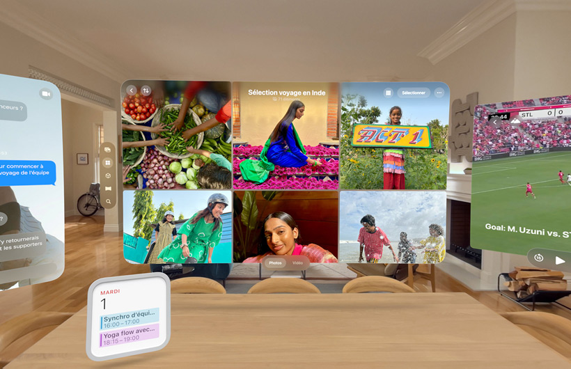 Plusieurs apps et widgets flottent dans l’espace d’un salon, dont l’app Photos, l’app Messages, le widget Calendrier et l’app Apple TV