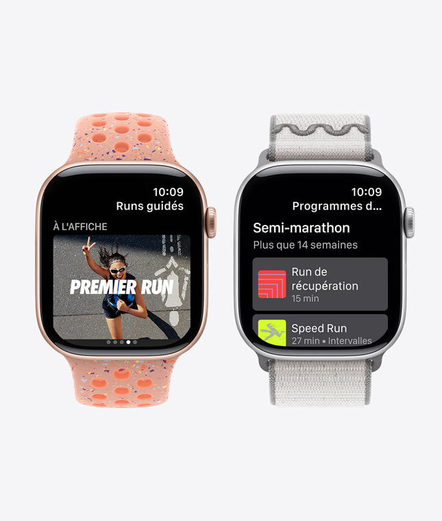 Plusieurs Apple Watch Series 11, app Nike Run Club, fonctionnalités Runs guidés et Programmes d’entraînement