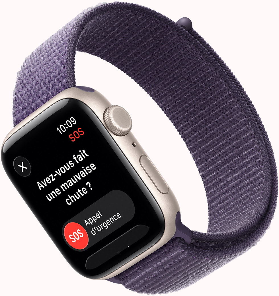 Apple Watch SE 3, boîtier en aluminium, lumière stellaire, notification Détection de chutes, boutons d’appel d’urgence et Je vais bien, côté droit, Digital Crown, micro, bouton latéral, bracelet, Boucle Sport, brume violette