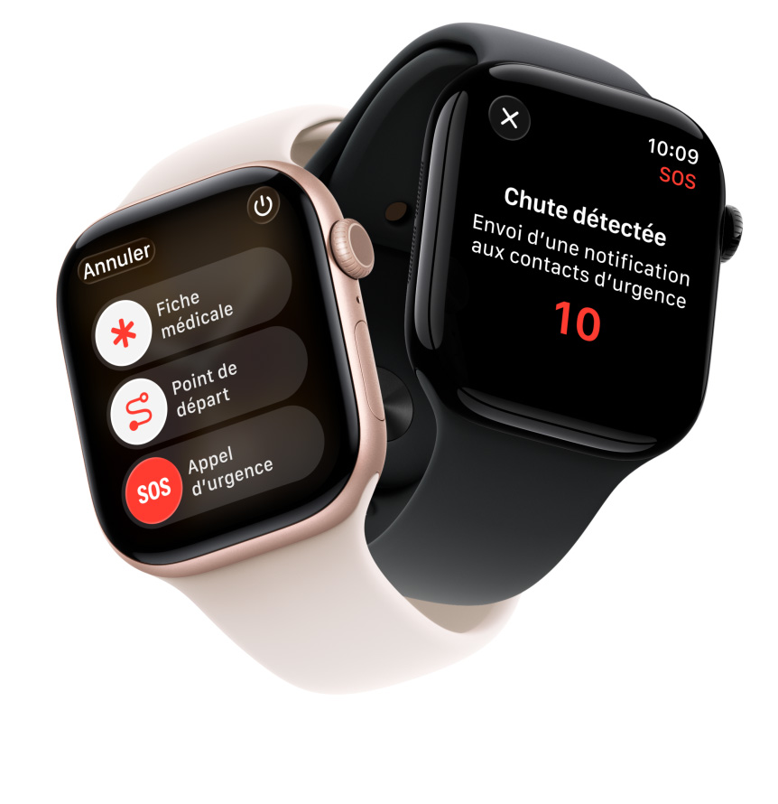 Appareils Apple Watch Series 11, boîtiers en aluminium, or rose et noir de jais poli, fonctionnalités de sécurité à l’écran : fiche médicale, point de départ, appel d’urgence, Bracelets Sport, rose tendre et noir