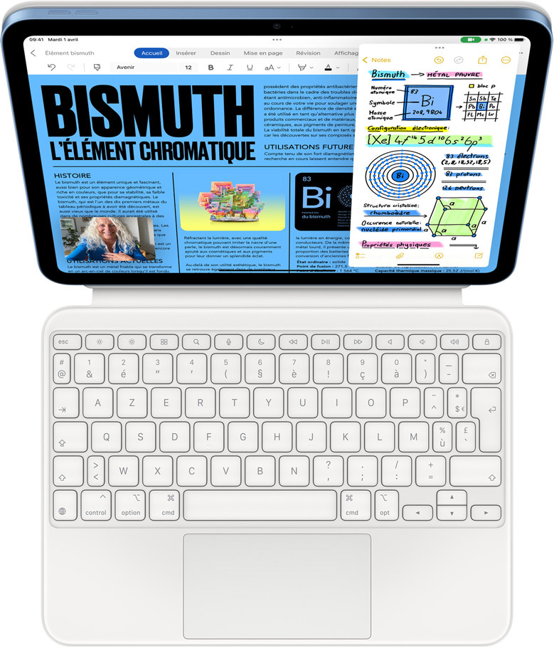 iPad fixé à un Magic Keyboard Folio, écran affichant Slide Over avec les apps Microsoft Word et Notes, appel FaceTime en parallèle.