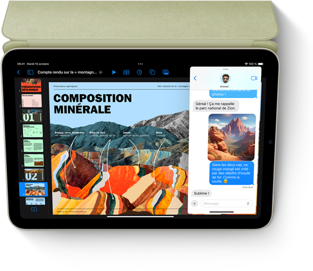Un iPad mini en mode paysage affiche Keynote et Messages avec Slide Over.