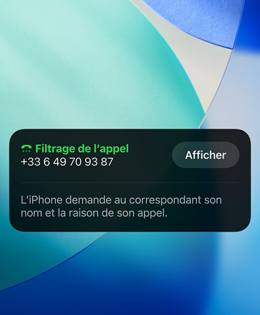 App Téléphone affichant la fonctionnalité Filtrage de l’appel en cours d’utilisation