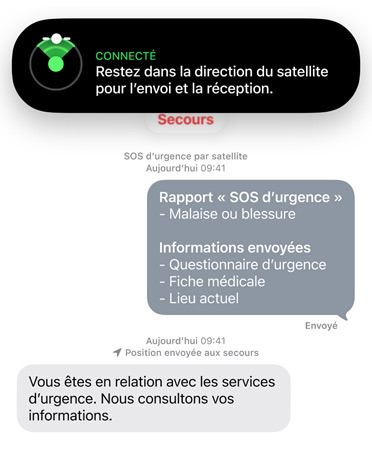 Fonctionnalité SOS d’urgence par satellite en cours d’utilisation