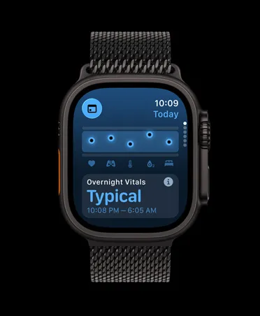 Apple Watch Ultra 3, black color, titanium case, Vitals app, chart scoring health, Overnight Vitals outliers notification, band, black Milanese Loop