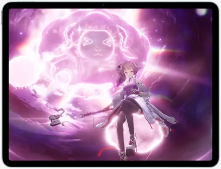 iPad Air, front exterior, displaying gameplay scene of action game Arknights: Endfield