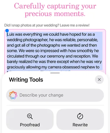 Writing Tools feature in use with options Proofread, Rewrite, Friendly, Professional, and Concise