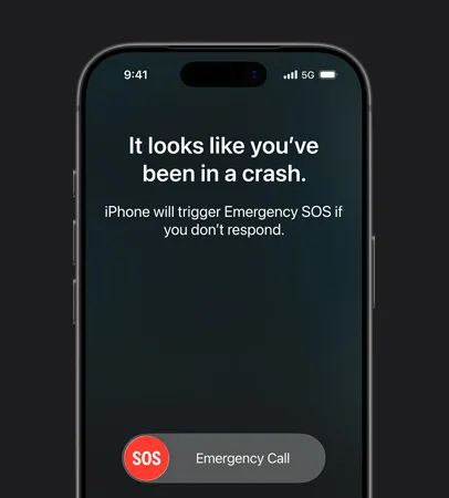 iPhone 17 Pro, front exterior, rounded corners, crash detection feature in use