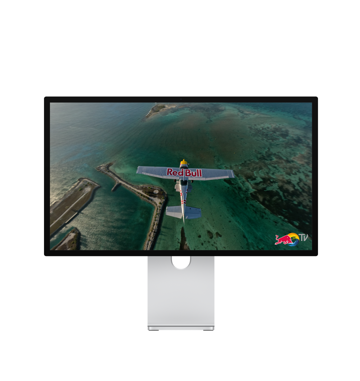 Reklama za Red Bull TV, jednomotorni zrakoplov Red Bull u letu, usmjeren prema gore