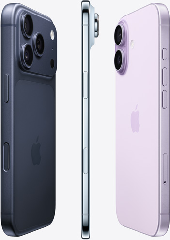 Körkörösen szétszórt elrendezésben egy mélykék színű iPhone 17 Pro a kamerás oldala felől, egy égkék színű iPhone Air oldalnézetben, valamint egy levendulaszínű iPhone 17 hátoldala.