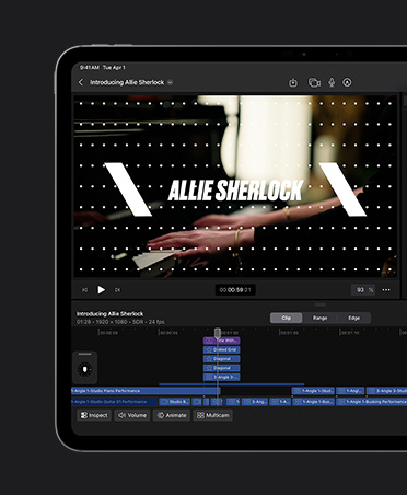 iPad Pro 13, Pengeditan video musik dengan judul yang ditimpa di atas gambar, alat untuk memilih warna font dan tata letak, judul bertuliskan Allie Sherlock