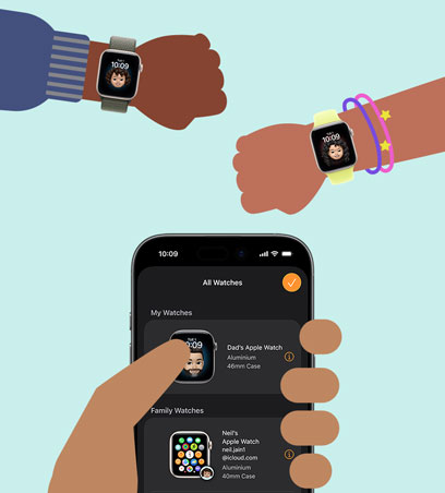 Apple Watch for Your Kids, cartoon drawing, kids’ wrists wearing Apple Watch SE 3 paired to iPhone in parent’s hand