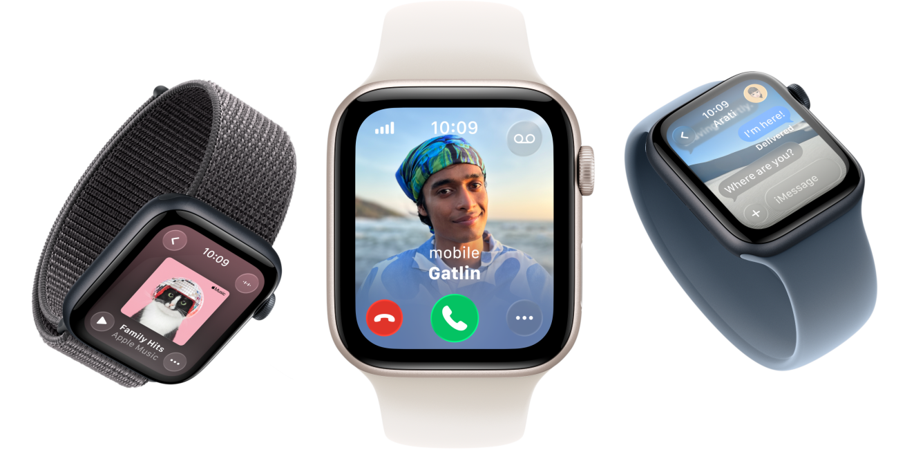 Apple Watch SE 3 devices, aluminium cases, starlight and midnight colours, Sport Loop, dark grey colour, Solo Loop, light blush colour, Solo Loop, anchor blue colour, screens: Apple Music, incoming call, Messages