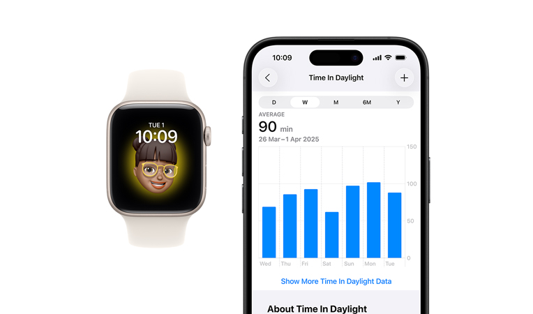 Apple Watch SE 3, aluminum case, starlight color, Memoji watch face, iPhone, health sharing tab with time in Daylight hours