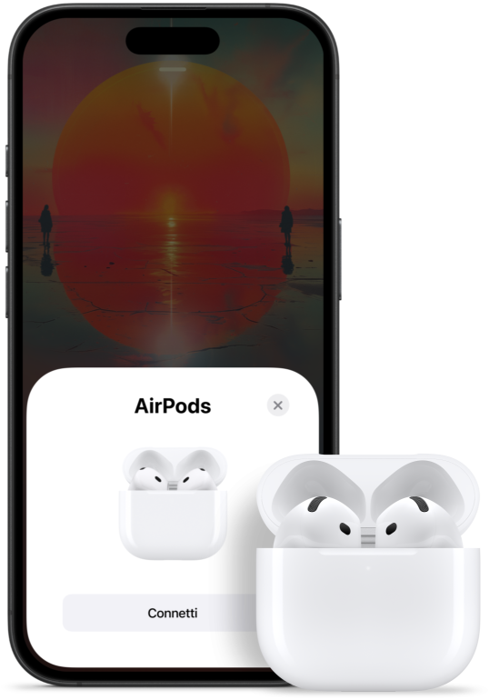 Una custodia di ricarica aperta con dentro un paio di AirPods 4 accanto a un iPhone che mostra che gli auricolari sono stati collegati.
