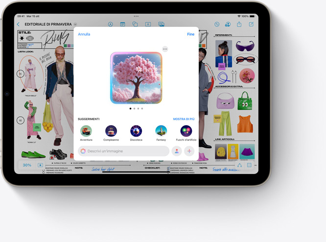 Un iPad mini che mostra Image Playground, una nuova funzione di Apple Intelligence, usata nell’app Freeform.