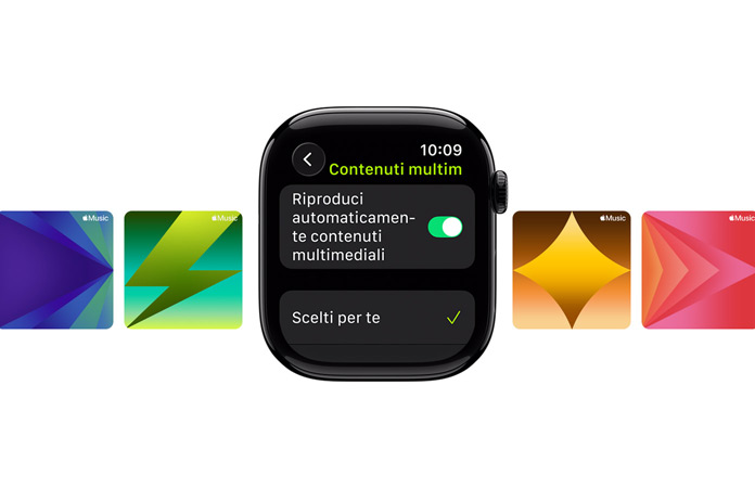 Apple Watch al centro, cassa Jet Black, nessun cinturino, quadrante con opzioni Scelti per te e Scegli file multimediale, circondato da sfondi Apple Music personalizzati
