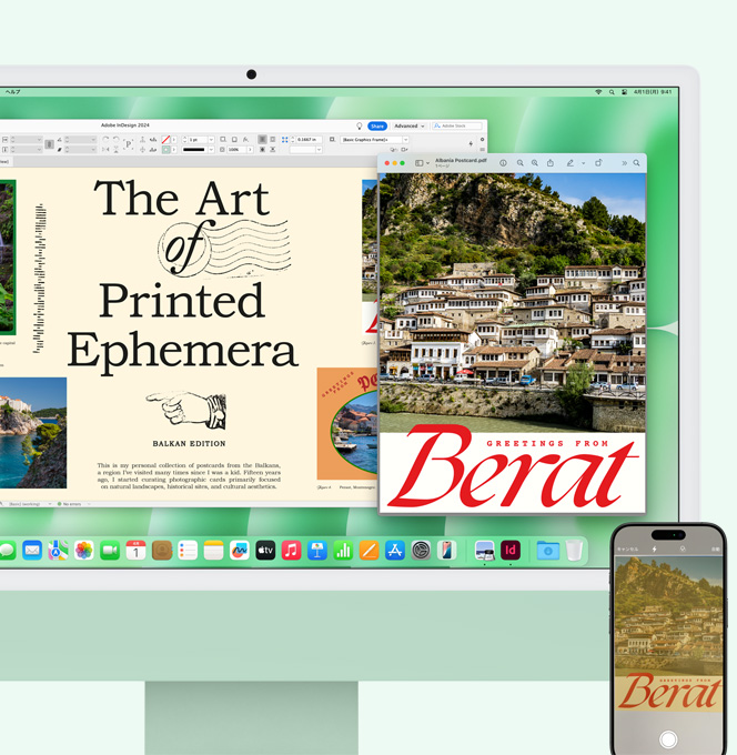 グリーンのiMacとiPhoneが並んでいる。iPhoneでスキャンした書類がiMacの画面上に現れる