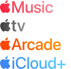 A list of Apple services: Apple Music, Apple Fitness Plus, Apple TV Plus, Apple News Plus, Apple Arcade, and Apple iCloud Plus