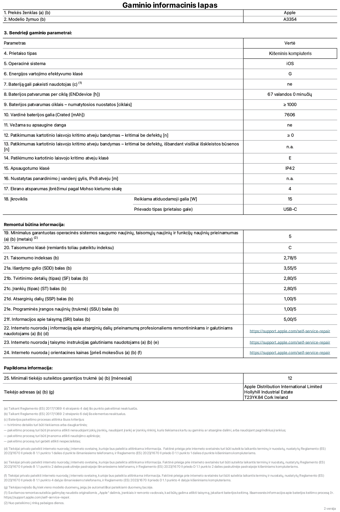 Gaminio informacinis lapas, „iPad Wi-Fi“, modelis A3354. Pateikė „Apple Distribution International Ltd“, „Hollyhill Industrial Estate“. Korkas, Airija T23 YK84. Prietaiso tipas: planšetinis kompiuteris. Operacinė sistema: „iOS“. Energijos vartojimo efektyvumo klasė: G. Bateriją gali pakeisti naudotojas: ne. Baterijos patvarumas: 67 valandos. Baterijos patvarumas ciklais: ≥ 1 000. Vardinė baterijos galia: 7&nbsp;606&nbsp;mAh. Patikimumo testas kartotinio laisvojo kritimo atveju – kritimai be defektų: ≥ 0. Patikimumo kartotinio laisvojo kritimo atveju klasė: E. Apsaugotumo klasė: IP42. Ekrano atsparumas įbrėžimui pagal Mohso kietumo skalę: 4. Įkroviklio reikiama atiduodamoji galia: 15 W. Įkroviklio prievado tipas: USB-C. Minimalus garantuotas operacinės sistemos saugumo naujinių, taisomųjų naujinių ir funkcijų naujinių prieinamumas: 5 metai. Taisomumo klasė: C. Taisomumo indeksas: 2,78/5. Išardymo gylio balas: 3,55/5. Tvirtinimo detalių balas: 2,80/5. Įrankių balas: 2,80/5. Atsarginių dalių balas: 1,00/5. Programinės įrangos naujinių balas: 1,00/5. Informacijos apie taisymą balas: 5,00/5. Interneto nuoroda į informaciją apie atsarginių dalių prieinamumą profesionaliems remontininkams ir galutiniams naudotojams: https://support.apple.com/self-service-repair. Interneto nuoroda į taisymo instrukcijas galutiniams naudotojams: https://support.apple.com/self-service-repair. Nuoroda į orientacines kainas prieš mokesčius: https://support.apple.com/self-service-repair. Siūloma 12 mėnesių bendroji garantija.