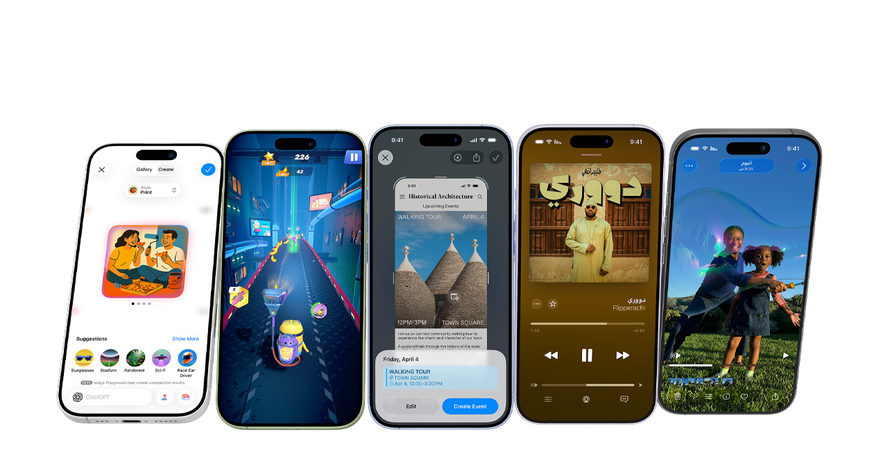 أجهزة iPhone 17 بألوان مختلفة، شاشات تعرض تطبيقات متنوعة