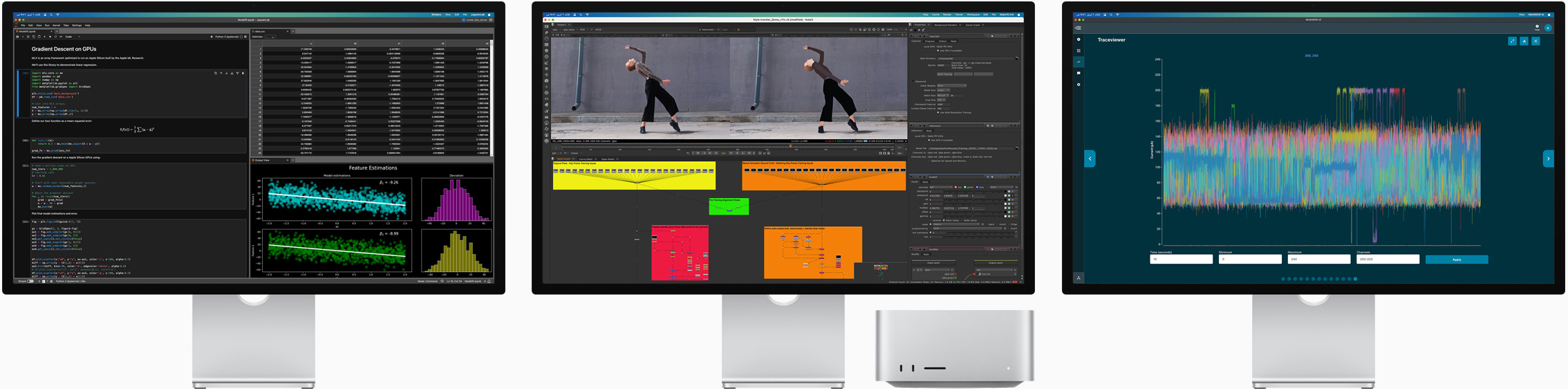 صورة لجهاز Mac&nbsp;Studio وثلاث شاشات Studio&nbsp;Display تعرض جميعها تطبيقات macOS مختلفة على الشاشة