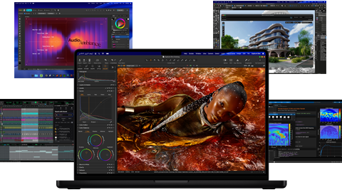 محتوى متنوع ومفعم بالألوان على شاشات عدة يُظهر تطبيقات إنتاج الموسيقى وتعديل الفيديوهات وابتكار الرسوم المتحركة ثلاثية الأبعاد وتعديل الصور على Mac، مبيناً بذلك الأداء القوي لرسومات الغرافيك