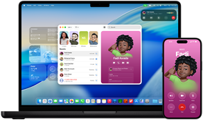 MacBook Pro and iPhone 16 Plus, Phone app open, same contact displayed on both screens