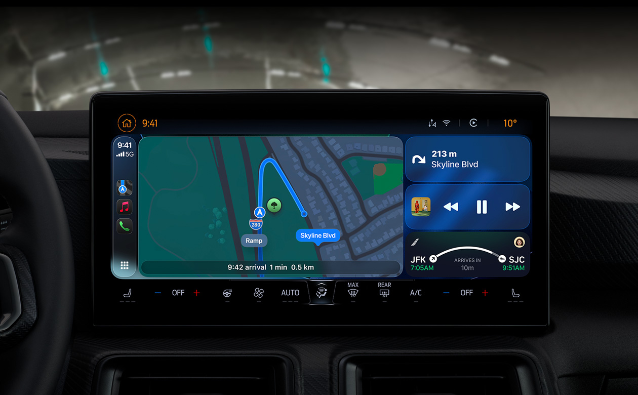 CarPlay in a car displaying directions on Maps, Apple Music, flight information, and widgets