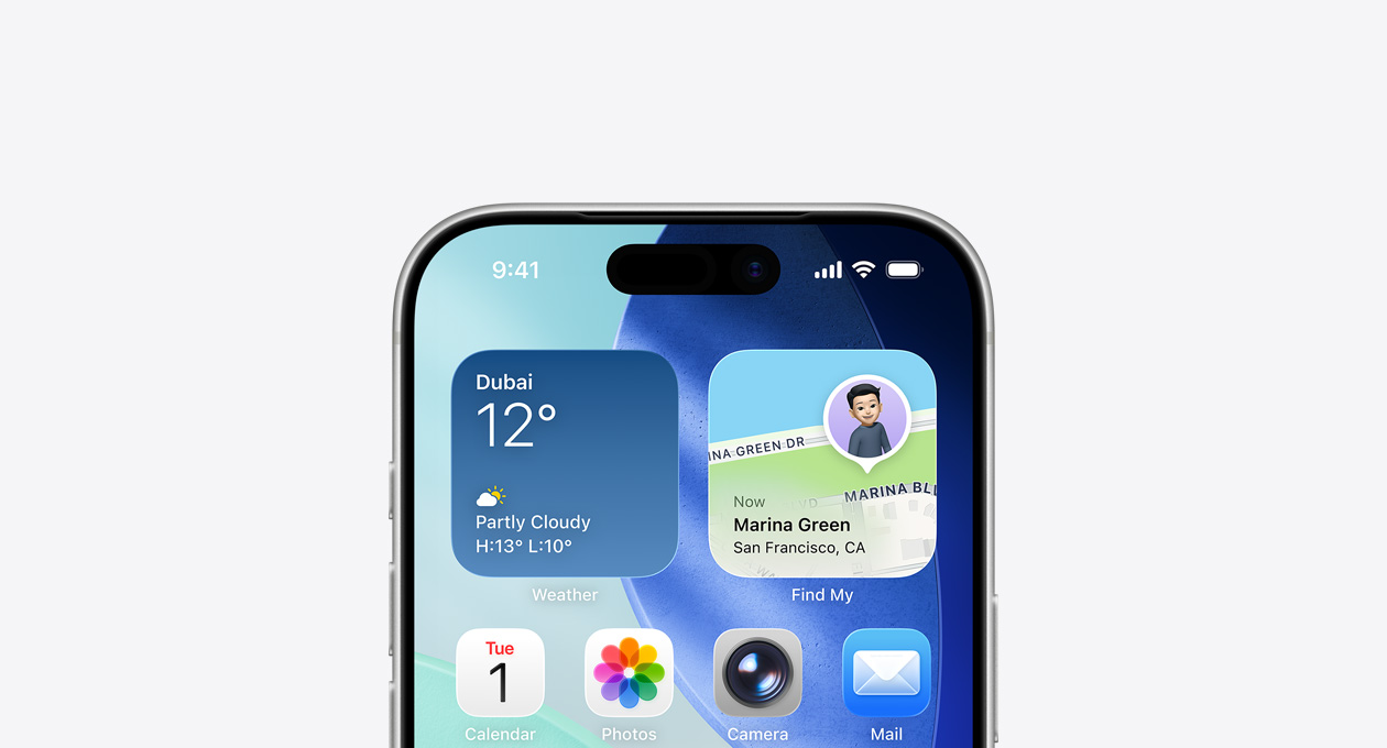 iPhone, top part of screen showing home screen with Weather and Find My widgets in the top row