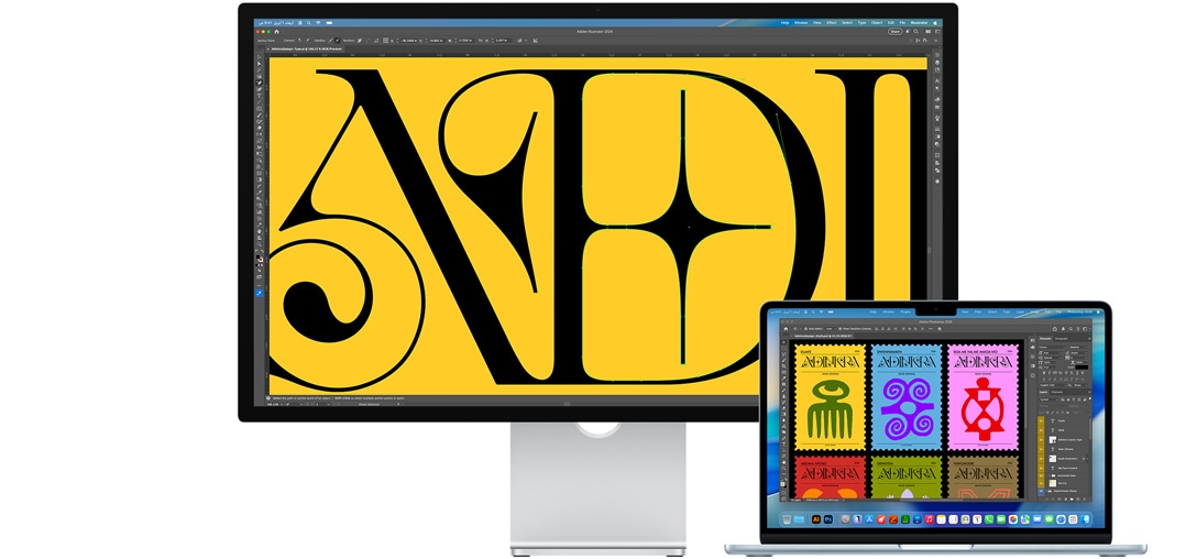 شاشة Studio Display ولابتوب Mac يعرضان مشروعاً قيد الإنجاز في برامج Adobe متعددة، شاشة Studio Display تعرض لقطة مقرّبة لنص أسود على خلفية صفراء فاقعة، وتساعد الطبقة المضادة للانعكاس على تقليل الوهج