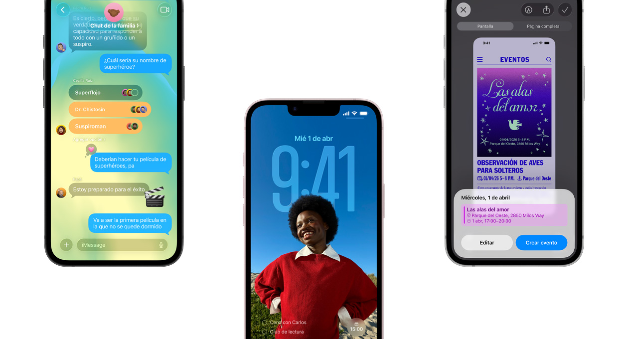 Tres dispositivos iPhone 17e, parte frontal, se muestra la app Mensajes con el diseño de Liquid Glass, una pantalla bloqueada dinámica, y la funcionalidad Captura de Pantalla con un evento de Calendario en uso