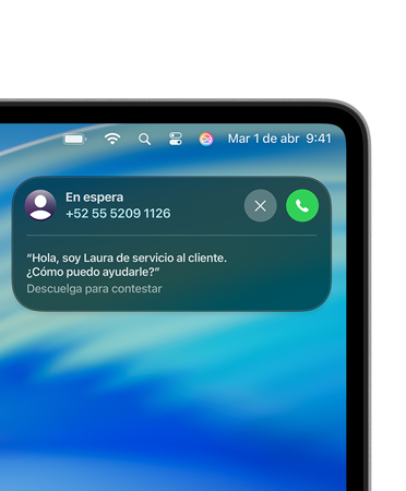 Esquina derecha de una Mac con Actividad en Vivo de Asistente de Llamada en Espera que indica que el usuario está esperando ser atendido por un representante de atención al cliente