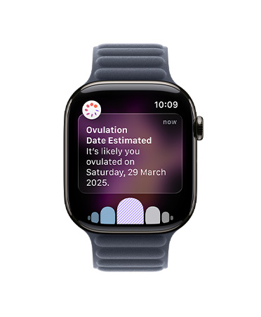 Apple Watch Series 11, slate colour, titanium case, ovulation date estimation notification from Cycle Tracking in Health app, Digital Crown, strap, Magnetic Link, navy colour