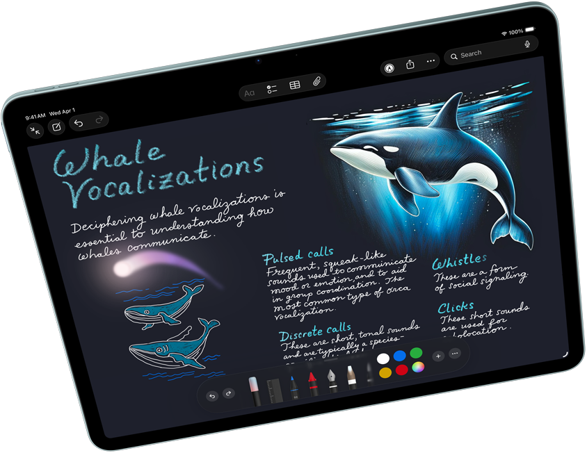 Landscape view of iPad Air showcasing Apple Intelligence with Image Wand in Notes, Apple Pencil Pro