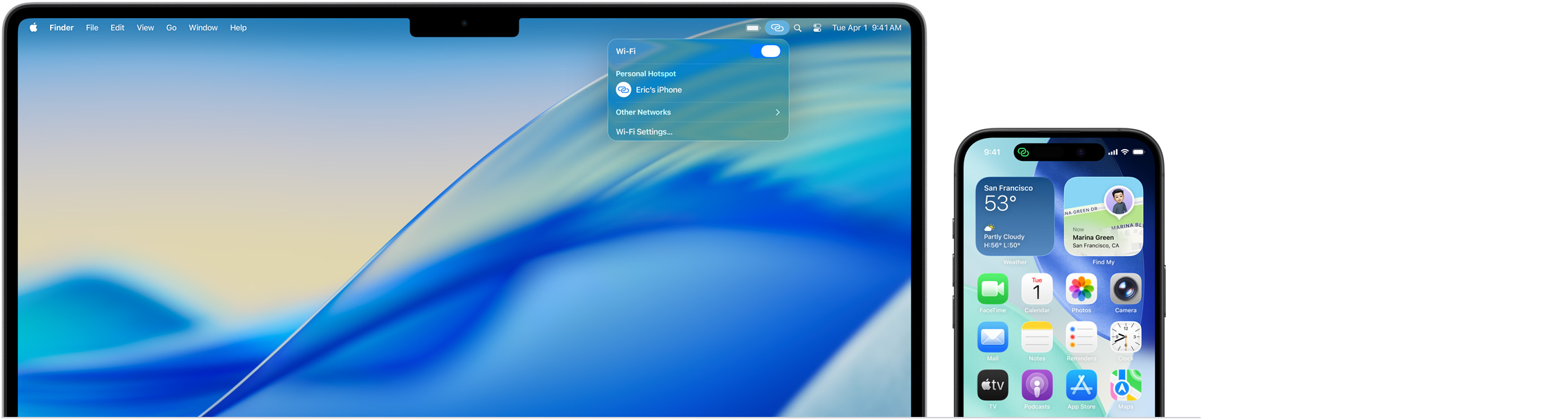 14-inch MacBook Pro, Control Centre in menu bar open, Personal Hotspot connection reads: Eric’s iPhone, iPhone 16 with green Personal Hotspot indicator in top left of screen