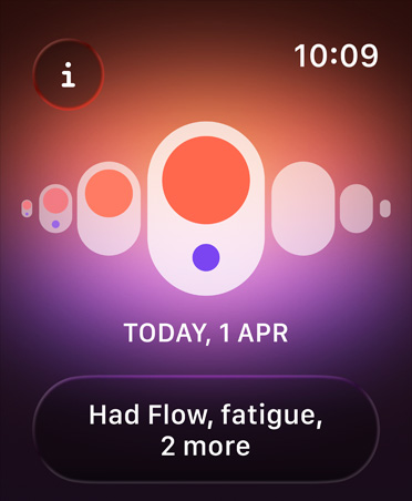 Cycle Tracking in Health app, orange and purple dots highlight different menstruation symptoms