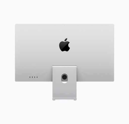 Apple Studio Display with tilt-adjustable stand, silver colour, back exterior, glossy black Apple logo centred