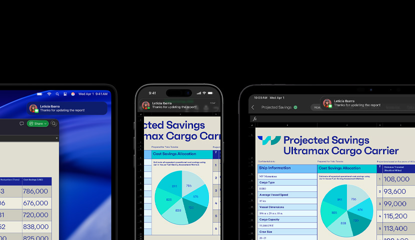 A spreadsheet and text message displayed on a suite of devices, including iPhone, iPad, Apple Watch and Mac, which shows macOS Tahoe.