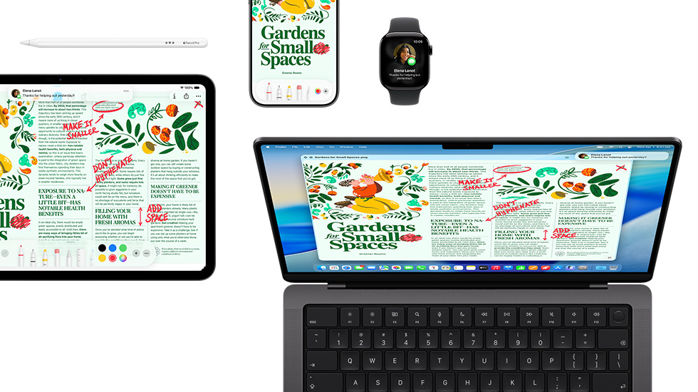 A suite of devices including an iPad, iPhone, Apple Watch, and macOS Tahoe on Mac, which all show the same magazine layout.