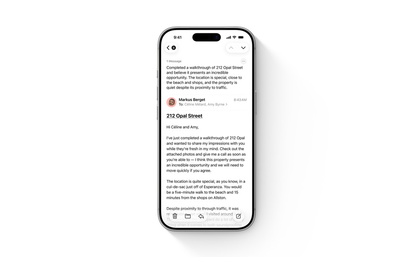 iPhone wyświetlający mejla. U góry ekranu widać streszczenie wykonane przez Apple Intelligence