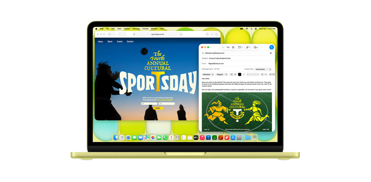 Wiele aplikacji otwartych na MacBooku Neo, w tym Safari i Poczta, z ulotką o czwartym corocznym dniu kultury i sportu.
