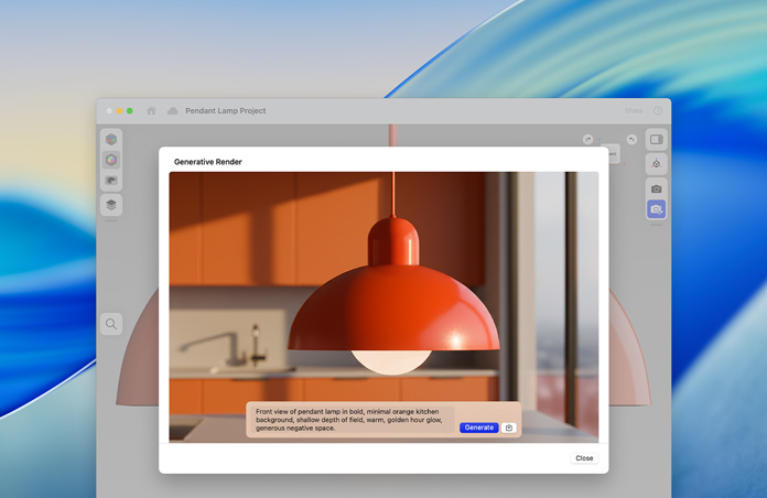 Ekran aplikacji Image Playground z wygenerowanym obrazem wiszącej lampy i promptem