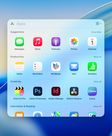 Menu przeglądania Spotlight z aplikacjami w kategoriach: Narzędzia, Społecznościowe, Produktywność i finanse, Rozrywka oraz Informacje i Czytanie