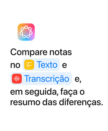 Compare notas no Texto e Transcrição e, em seguida, faça o resumo das diferenças, com as palavras "Texto" e “Transcrição" destacadas a azul, tal como deveriam aparecer na app Atalhos