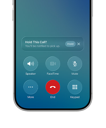 iPhone, bottom half of screen shows an active call with new Hold Assist option and a Hold button notification