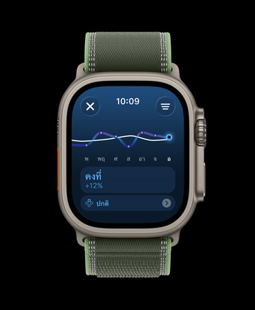 Apple Watch Ultra 3, natural color, titanium case, training load line graph and calendar, band, Trail Loop, green/neon color