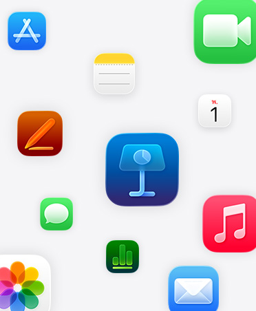 Apple apps: Keynote, Pages, Numbers, Music, Photos, Notes, Calendar, Mail, FaceTime, Messages, App Store