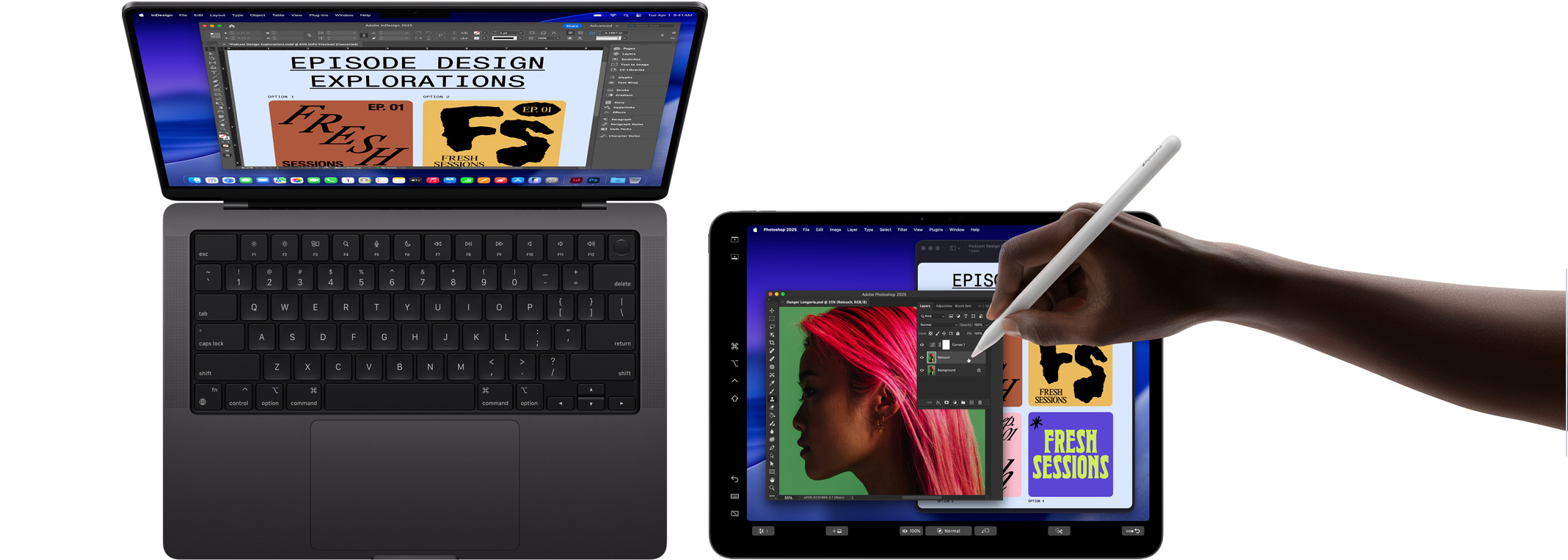 MacBook Pro รุ่น 14 นิ้ว, iPad Pro รุ่น 13 นิ้ว ที่ใช้ขยายจอภาพของ MacBook และมือที่ใช้ Apple Pencil Pro เพื่อปรับแต่งรูปภาพบน iPad